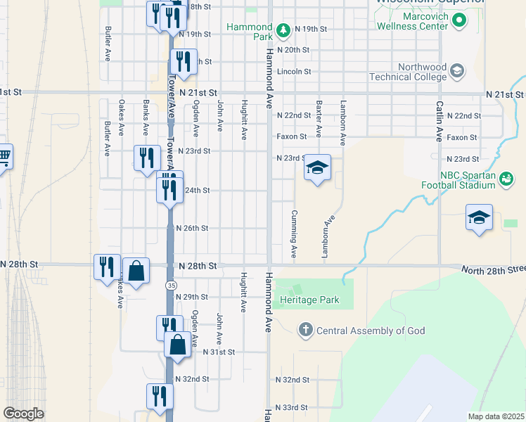 map of restaurants, bars, coffee shops, grocery stores, and more near 2419 Hammond Avenue in Superior