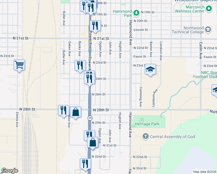 map of restaurants, bars, coffee shops, grocery stores, and more near 2421 John Avenue in Superior