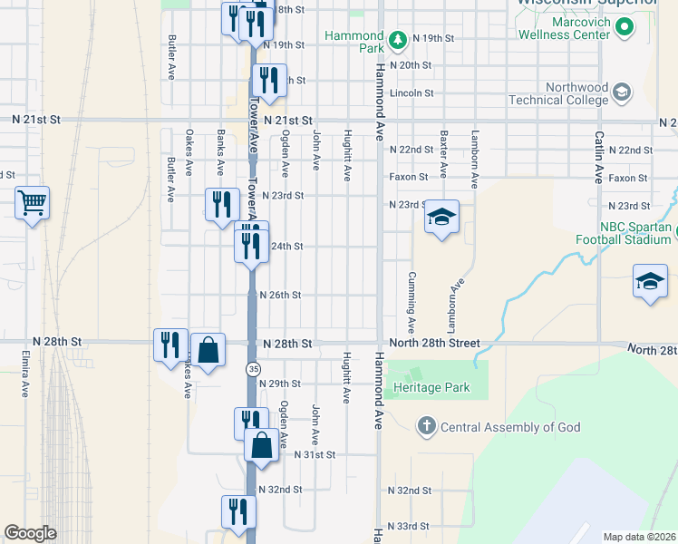 map of restaurants, bars, coffee shops, grocery stores, and more near 2421 Hughitt Avenue in Superior