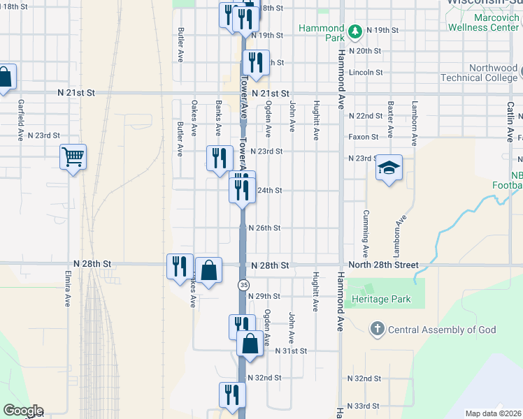 map of restaurants, bars, coffee shops, grocery stores, and more near 2421 Ogden Avenue in Superior