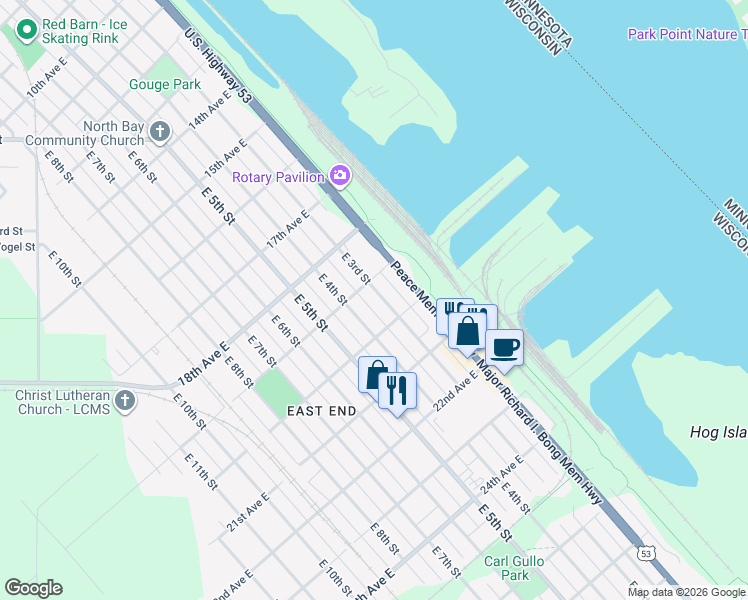 map of restaurants, bars, coffee shops, grocery stores, and more near 1912 East 3rd Street in Superior