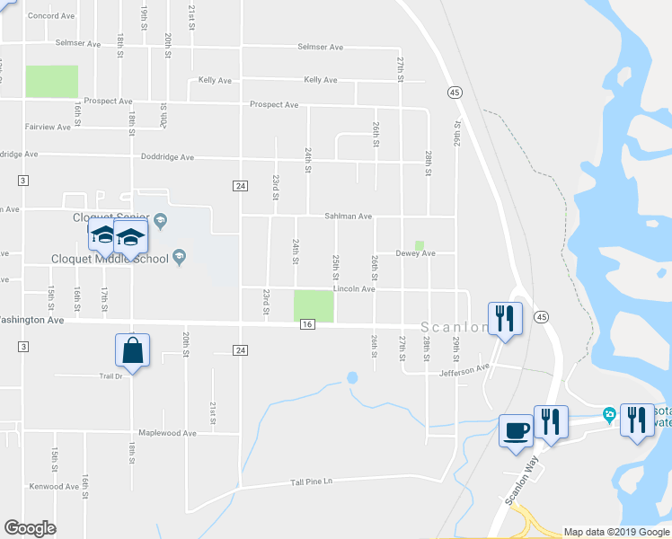map of restaurants, bars, coffee shops, grocery stores, and more near 905 25th Street in Cloquet