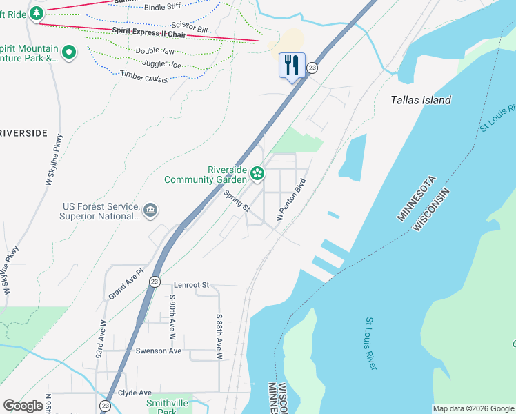 map of restaurants, bars, coffee shops, grocery stores, and more near 10 Spring Street in Duluth