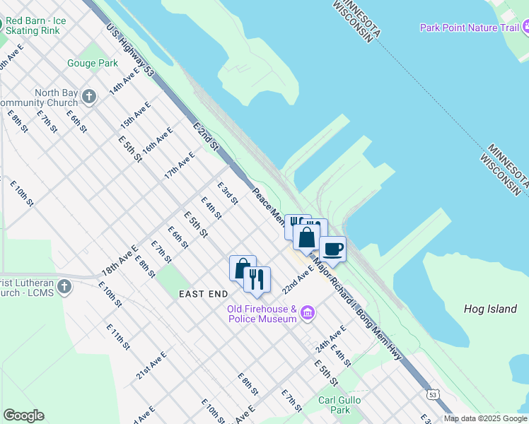 map of restaurants, bars, coffee shops, grocery stores, and more near 1928 East 2nd Street in Superior
