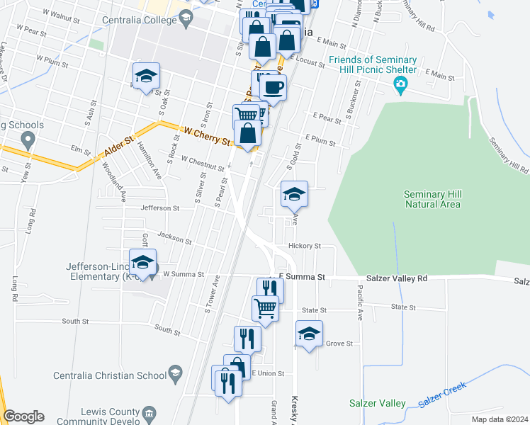 map of restaurants, bars, coffee shops, grocery stores, and more near 717 South Gold Street in Centralia