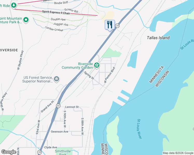 map of restaurants, bars, coffee shops, grocery stores, and more near 10 Spring Street in Duluth