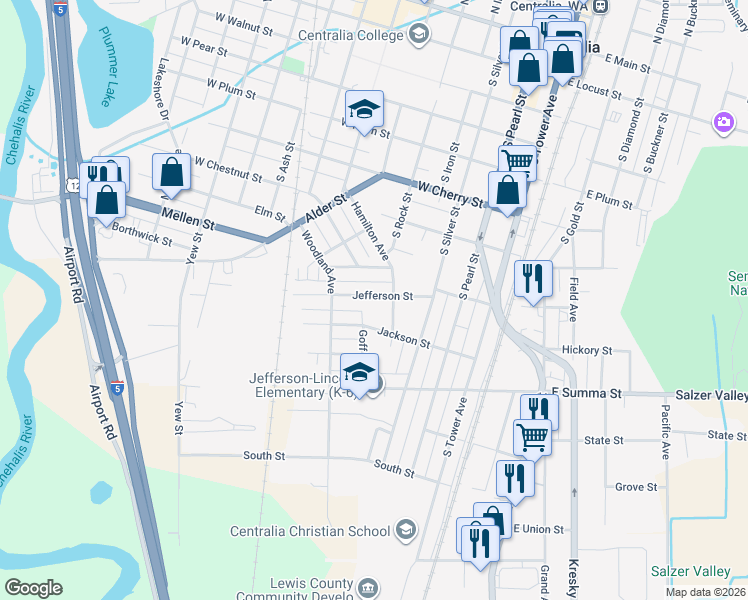 map of restaurants, bars, coffee shops, grocery stores, and more near 418 Jefferson Street in Centralia