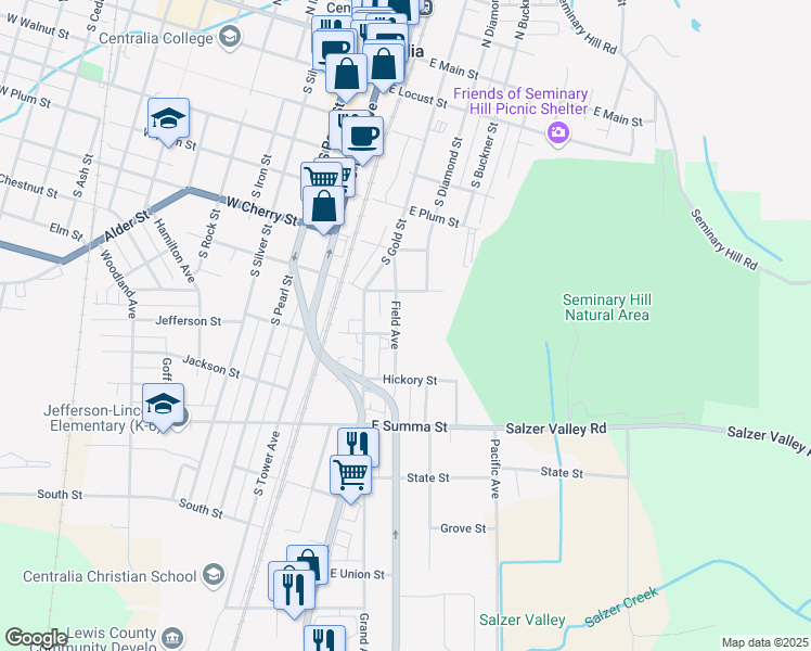 map of restaurants, bars, coffee shops, grocery stores, and more near 800 Field Avenue in Centralia