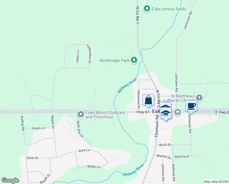 map of restaurants, bars, coffee shops, grocery stores, and more near 15-17 West County Road 61 in Carlton