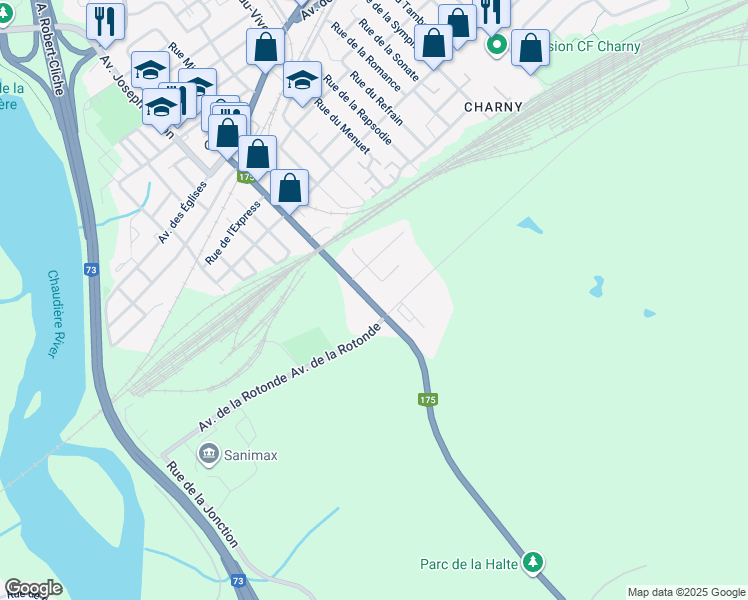 map of restaurants, bars, coffee shops, grocery stores, and more near 2201 Chemin de Charny in Lévis