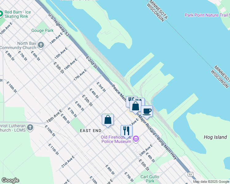 map of restaurants, bars, coffee shops, grocery stores, and more near 1928 East 2nd Street in Superior
