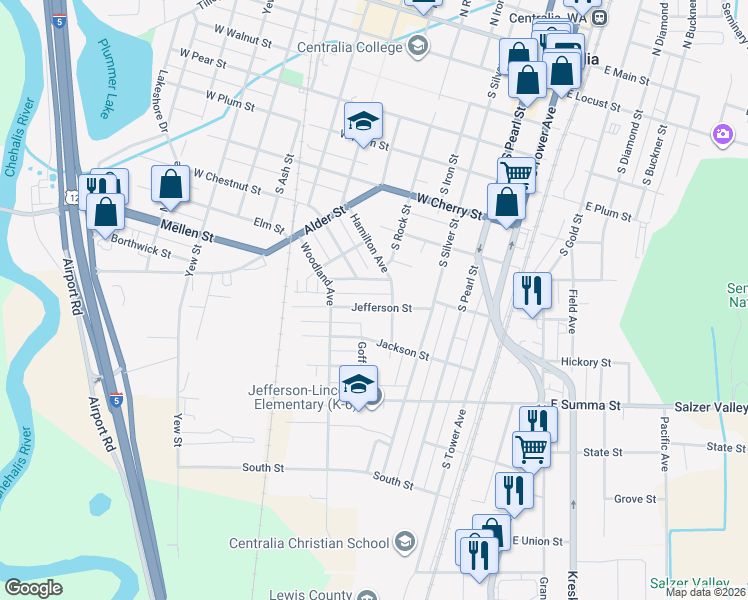 map of restaurants, bars, coffee shops, grocery stores, and more near 418 Jefferson Street in Centralia
