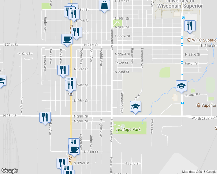 map of restaurants, bars, coffee shops, grocery stores, and more near 2401 Hammond Avenue in Superior