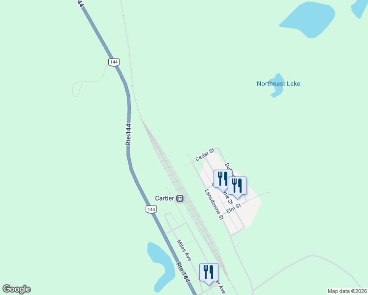 map of restaurants, bars, coffee shops, grocery stores, and more near Cedar Street in Greater Sudbury
