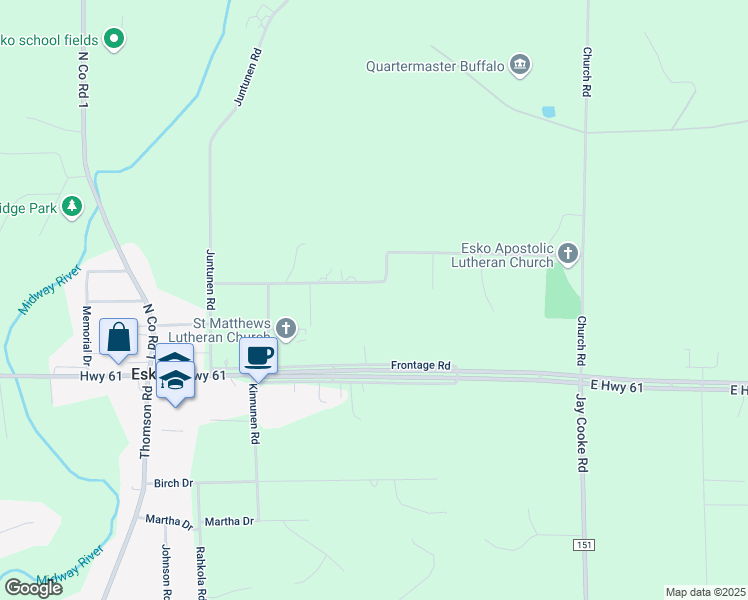 map of restaurants, bars, coffee shops, grocery stores, and more near 53 East Highway 61 in Esko
