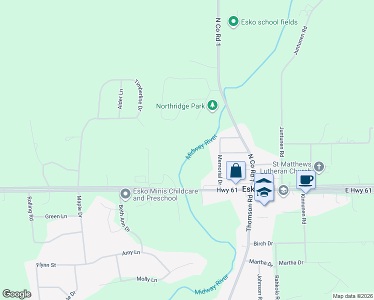 map of restaurants, bars, coffee shops, grocery stores, and more near 29 Ridge Road in Esko