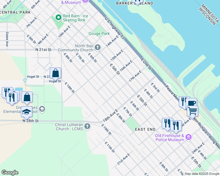 map of restaurants, bars, coffee shops, grocery stores, and more near 1604 East 6th Street in Superior