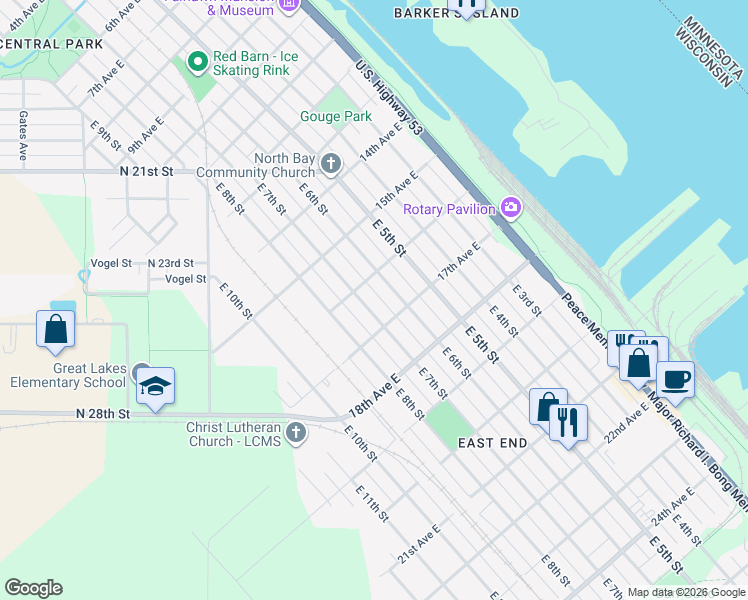 map of restaurants, bars, coffee shops, grocery stores, and more near 1604 East 6th Street in Superior