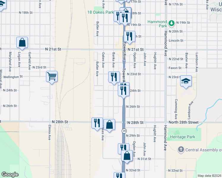 map of restaurants, bars, coffee shops, grocery stores, and more near 2333 Banks Avenue in Superior