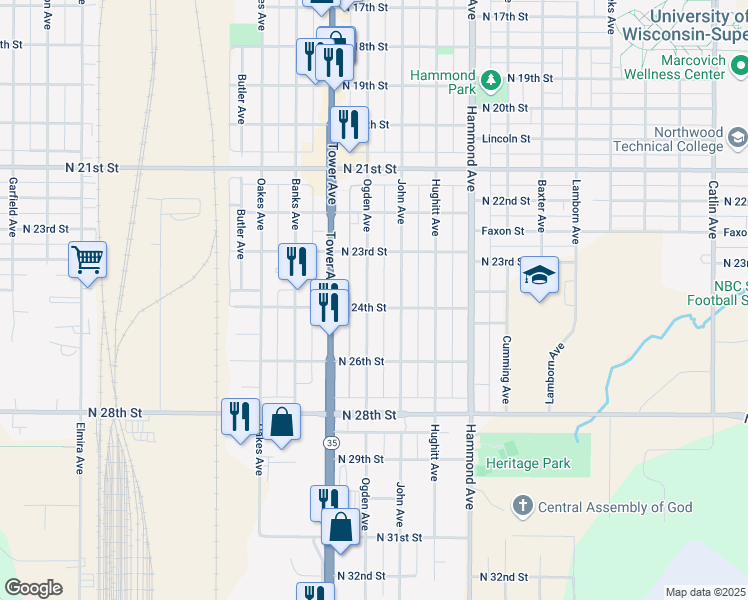 map of restaurants, bars, coffee shops, grocery stores, and more near 2342 Ogden Avenue in Superior