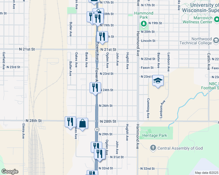 map of restaurants, bars, coffee shops, grocery stores, and more near 2336 Ogden Avenue in Superior