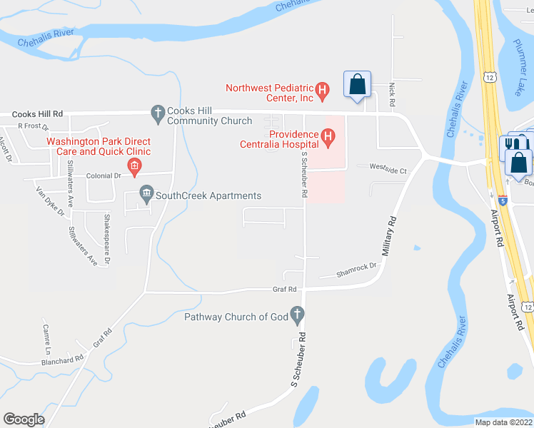 map of restaurants, bars, coffee shops, grocery stores, and more near 1101 South Scheuber Road in Centralia