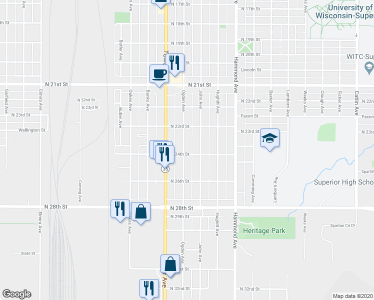 map of restaurants, bars, coffee shops, grocery stores, and more near 2334 Ogden Avenue in Superior