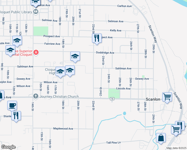 map of restaurants, bars, coffee shops, grocery stores, and more near 812 22nd Street in Cloquet