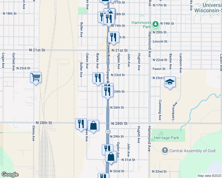 map of restaurants, bars, coffee shops, grocery stores, and more near 2325 Ogden Avenue in Superior