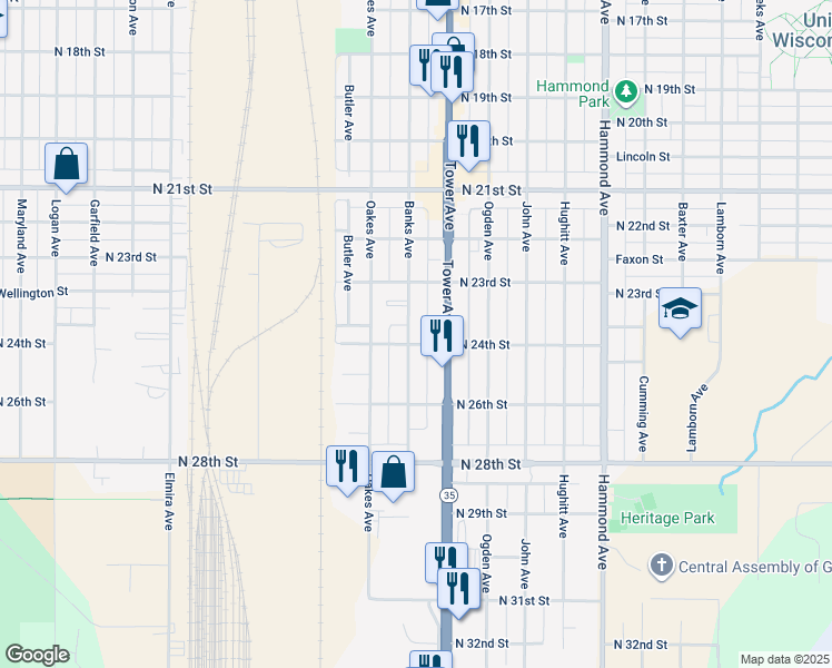 map of restaurants, bars, coffee shops, grocery stores, and more near 2336 Banks Avenue in Superior