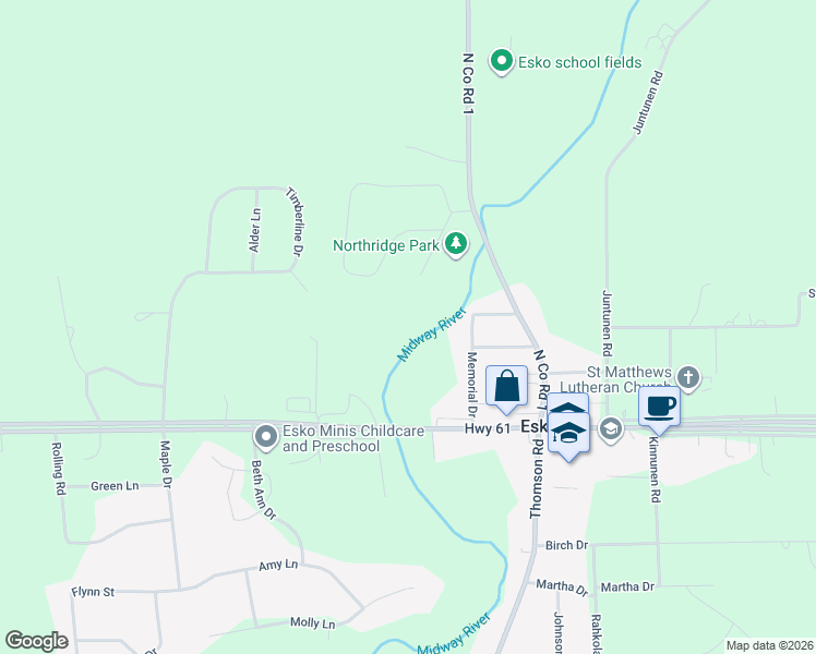 map of restaurants, bars, coffee shops, grocery stores, and more near 29 Ridge Road in Esko