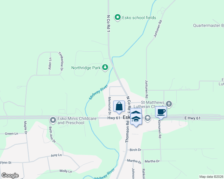map of restaurants, bars, coffee shops, grocery stores, and more near 16 Memorial Drive in Esko