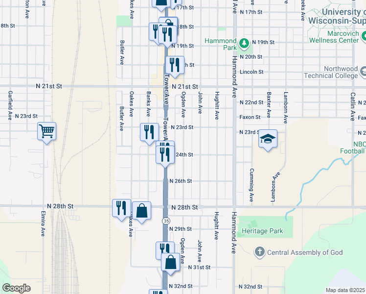 map of restaurants, bars, coffee shops, grocery stores, and more near 2325 Ogden Avenue in Superior