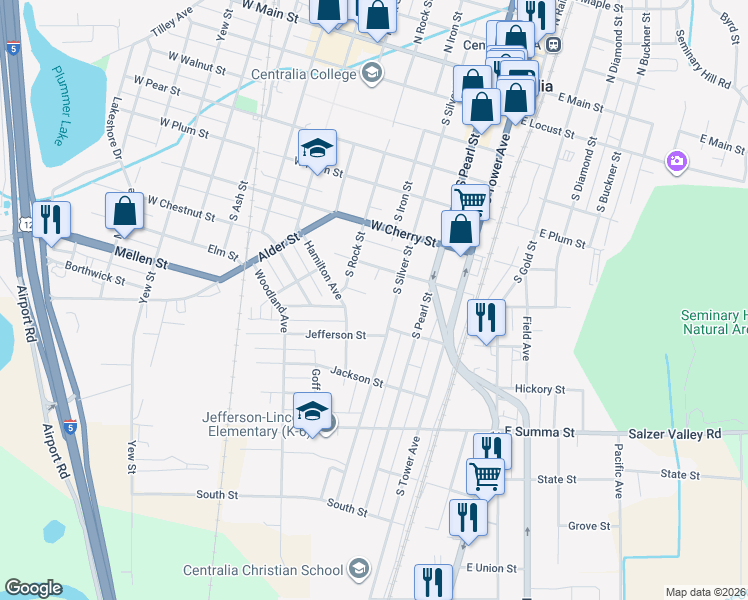 map of restaurants, bars, coffee shops, grocery stores, and more near 412 Brock Street in Centralia
