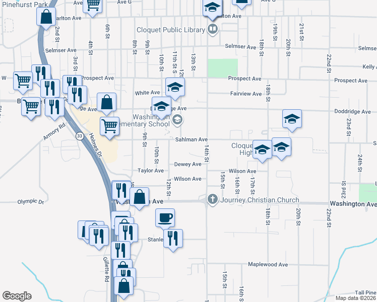 map of restaurants, bars, coffee shops, grocery stores, and more near 1212 Sahlman Avenue in Cloquet