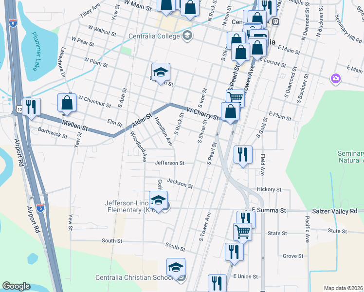 map of restaurants, bars, coffee shops, grocery stores, and more near 412 Brock Street in Centralia
