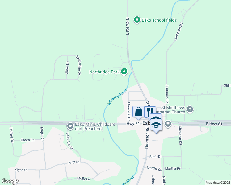 map of restaurants, bars, coffee shops, grocery stores, and more near 17 Memorial Drive in Esko
