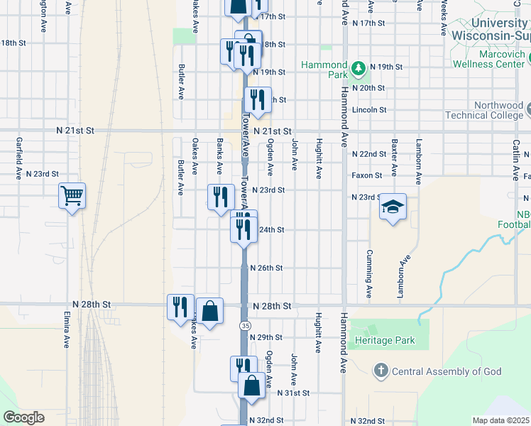map of restaurants, bars, coffee shops, grocery stores, and more near 2325 Ogden Avenue in Superior