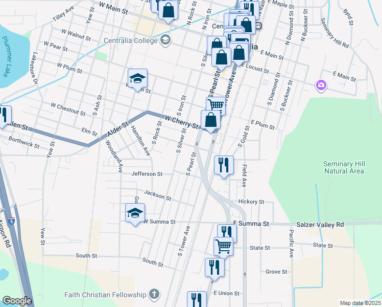 map of restaurants, bars, coffee shops, grocery stores, and more near 709 South Pearl Street in Centralia