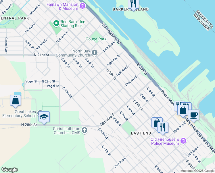 map of restaurants, bars, coffee shops, grocery stores, and more near 1604 East 6th Street in Superior