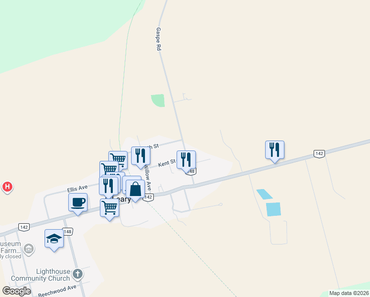 map of restaurants, bars, coffee shops, grocery stores, and more near 42 Gaspe Road in O'Leary