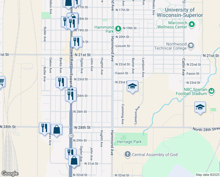 map of restaurants, bars, coffee shops, grocery stores, and more near 2323 Hammond Avenue in Superior