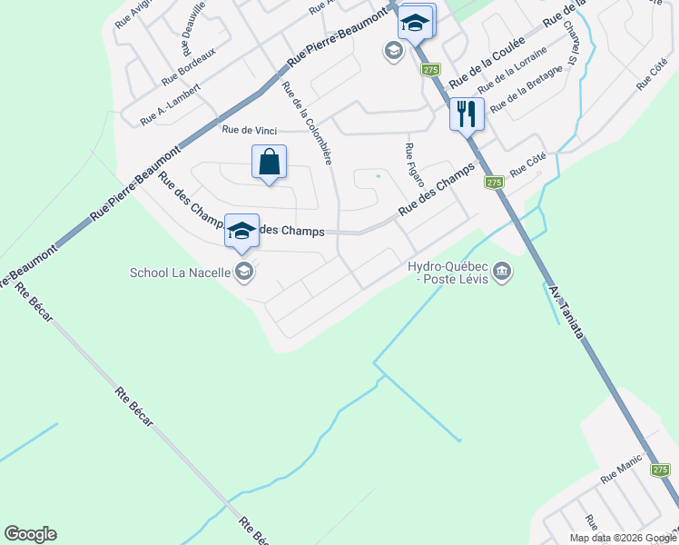 map of restaurants, bars, coffee shops, grocery stores, and more near 1071 Rue de la Tourbière in Lévis