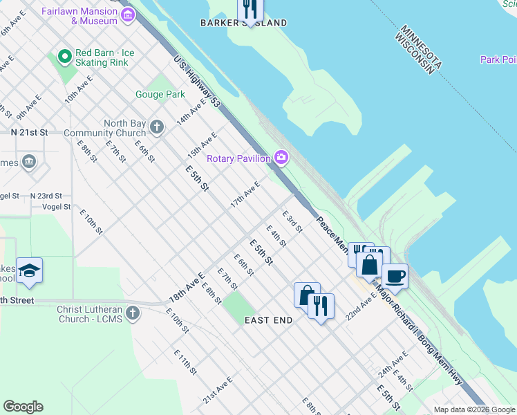 map of restaurants, bars, coffee shops, grocery stores, and more near 1721 East 4th Street in Superior