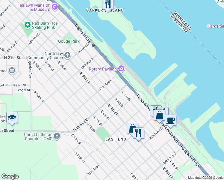 map of restaurants, bars, coffee shops, grocery stores, and more near 1721 East 4th Street in Superior