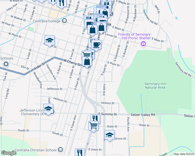map of restaurants, bars, coffee shops, grocery stores, and more near 617 South Gold Street in Centralia