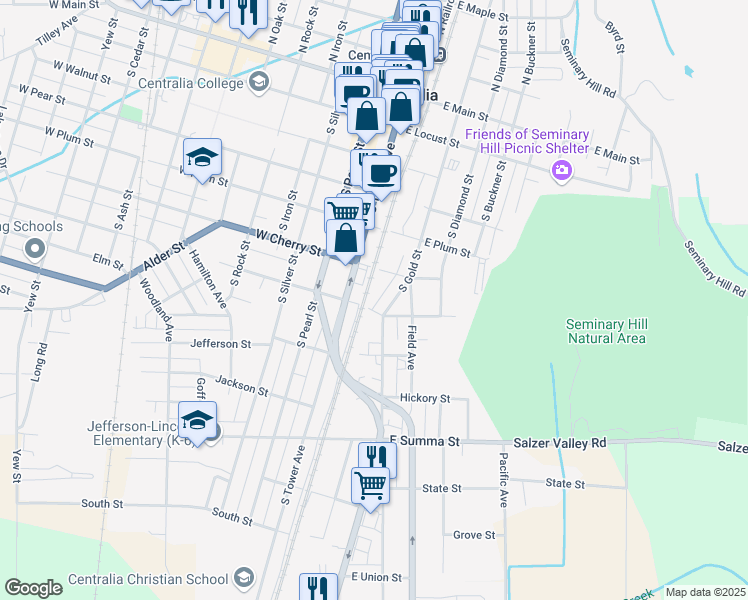 map of restaurants, bars, coffee shops, grocery stores, and more near 617 South Gold Street in Centralia
