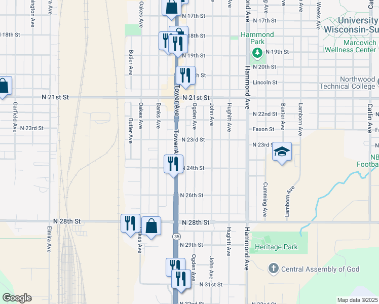 map of restaurants, bars, coffee shops, grocery stores, and more near 2317 Ogden Avenue in Superior