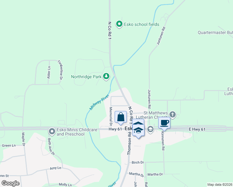 map of restaurants, bars, coffee shops, grocery stores, and more near 16 Memorial Drive in Esko