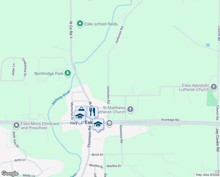 map of restaurants, bars, coffee shops, grocery stores, and more near 27 Stillmeadow Road in Esko